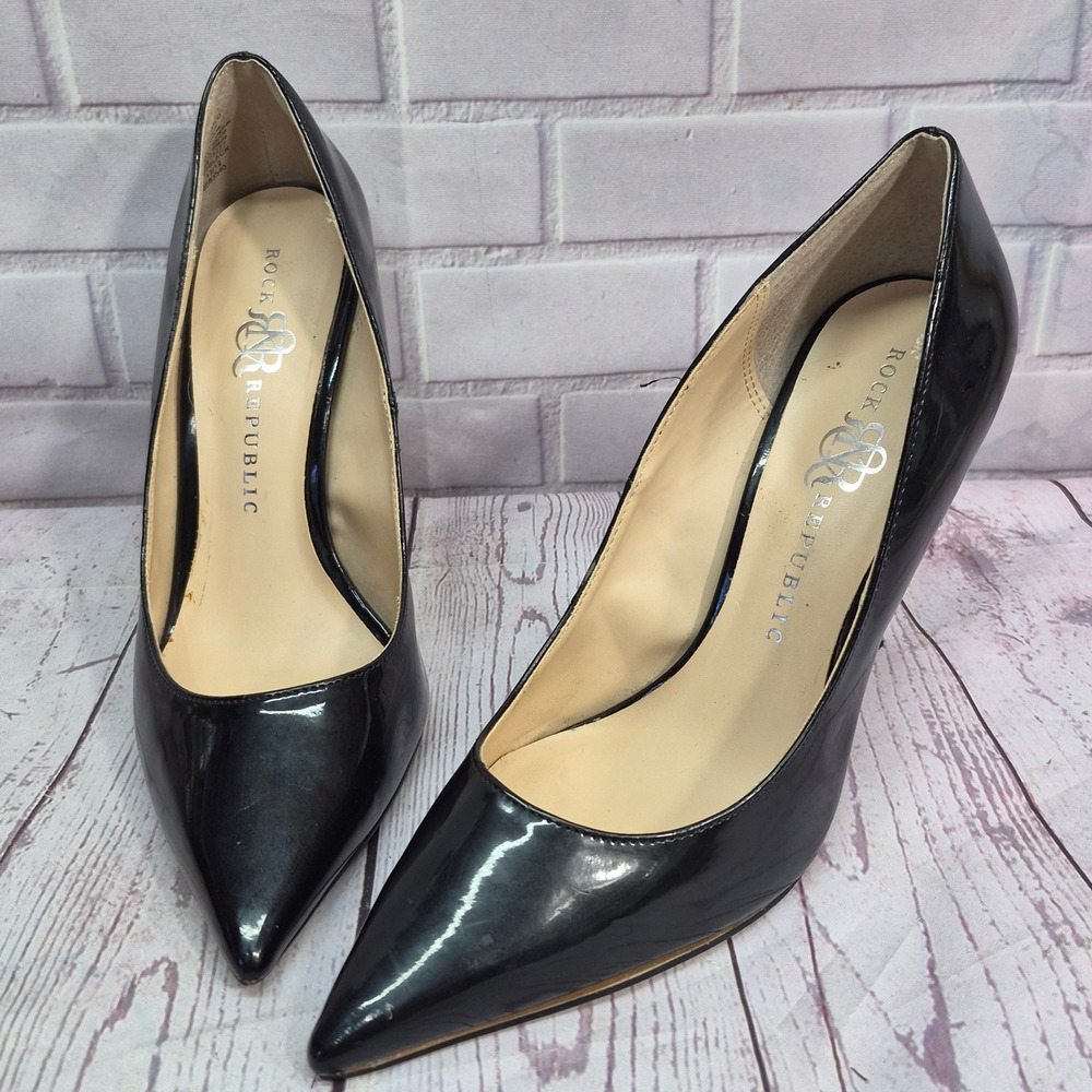 Rock Republic RGGUNNARBLACK Black Patent Pointed Toe Metallic Stiletto Pumps 8.5